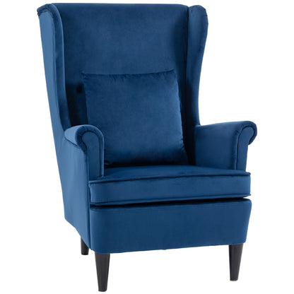 Modern Accent Chair with High Backrest and Pillow, Velvet-Feel Fabric Reading Chair with Solid Wood Legs, Blue
