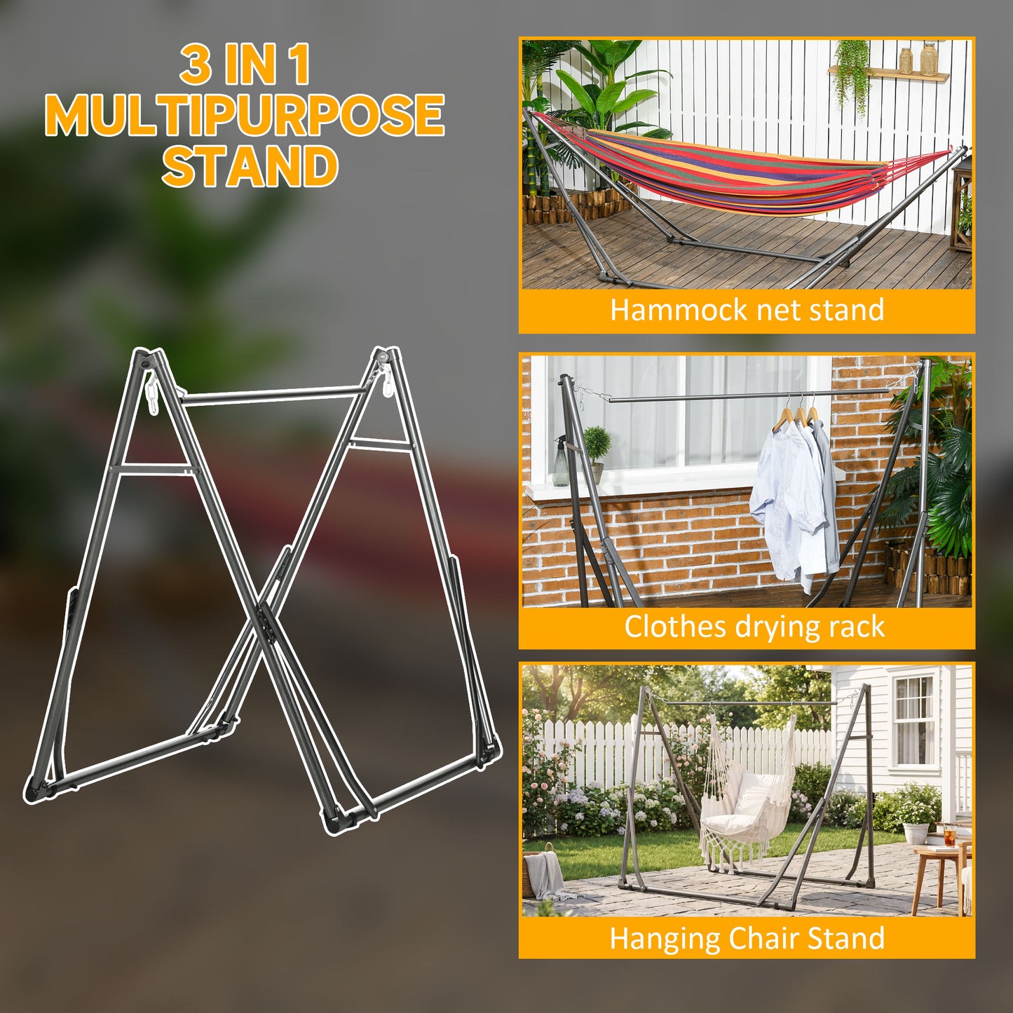 3 in 1 Foldable Hammock Stand, Portable Hanging Chair Stand with Metal Frame, Clothes Drying Rack, Load Capacity 120kg