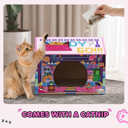 2 in 1 Gaming Style Cardboard Cat House with Scratching Board & Catnip for Indoor Cats, Pink