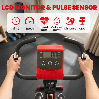 2-in-1 Folding Exercise Bike with 8-Level Magnetic Resistance, Arm Resistance Band, Pulse Sensor, Red