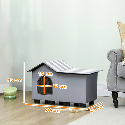 Outdoor Cat House, Weather Resistant Feral Cat Cave with Elevated Base and Cushion for Winter, Grey