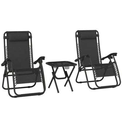 Folding Zero Gravity Chairs, 3 Pieces Adjustable Sun Lounger and Table Set with Cup Holder and Headrest