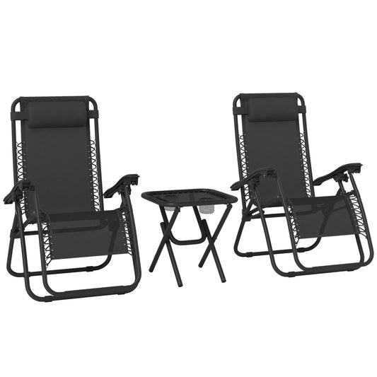 Folding Zero Gravity Chairs, 3 Pieces Adjustable Sun Lounger and Table Set with Cup Holder and Headrest
