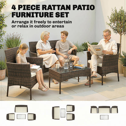 4 Piece Rattan Garden Furniture Sofa Set with Loveseat, Armchairs, Glass-Top Coffee Table and Cushions, Brown