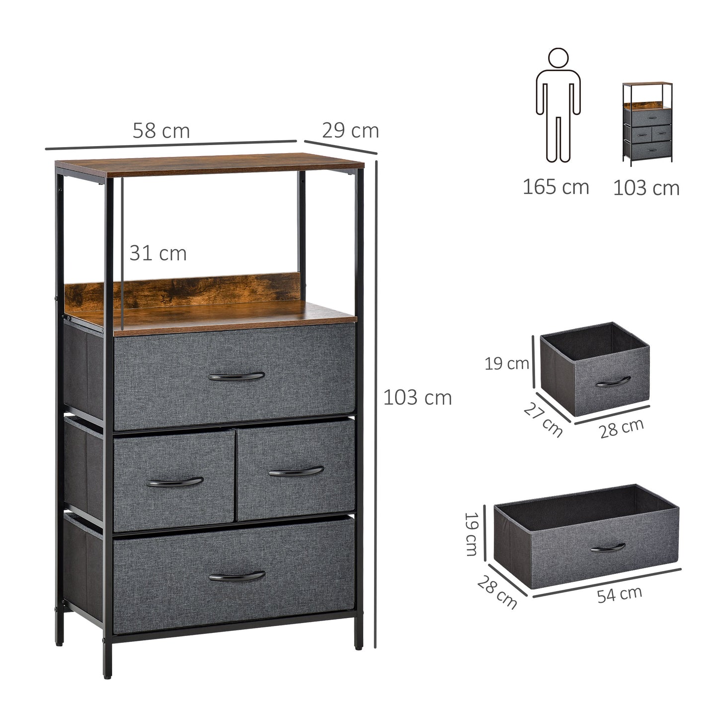 4 Drawer Storage Chest Unit Home Cabinet w/ Shelves for Living Room Bedroom Entryway Living Furniture, Black