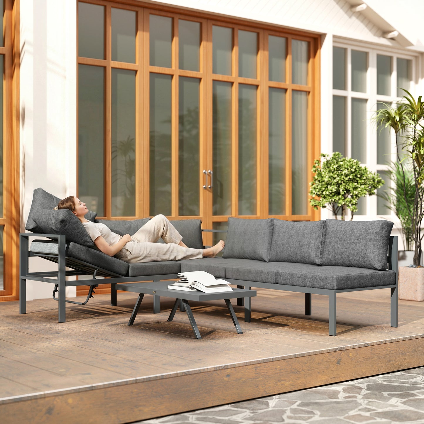 3 Pieces Garden Furniture Set, Aluminium Corner Lounge Set with Adjustable Backrest, Grey