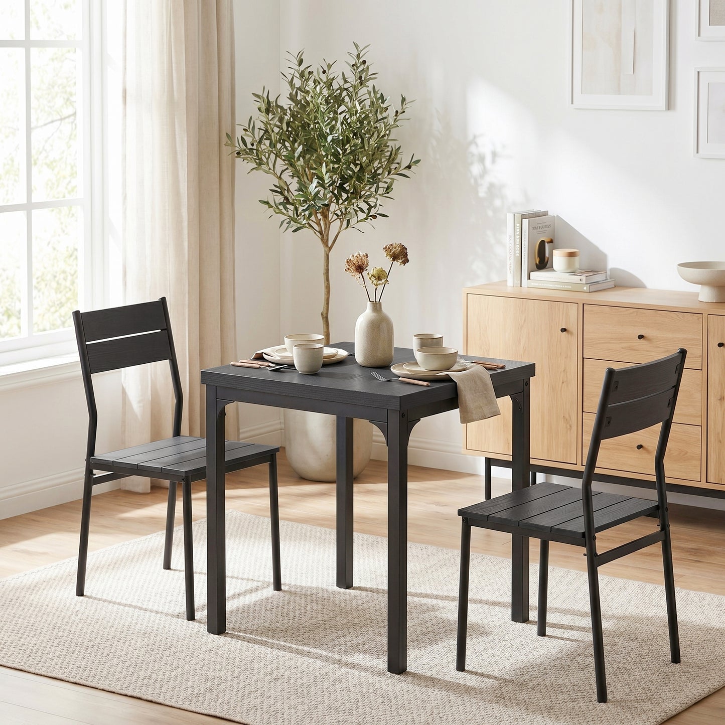 3 Piece Space-Saving Kitchen Table and Chairs, Dining Table Set for 2 with Metal Legs, Black Wood Effect