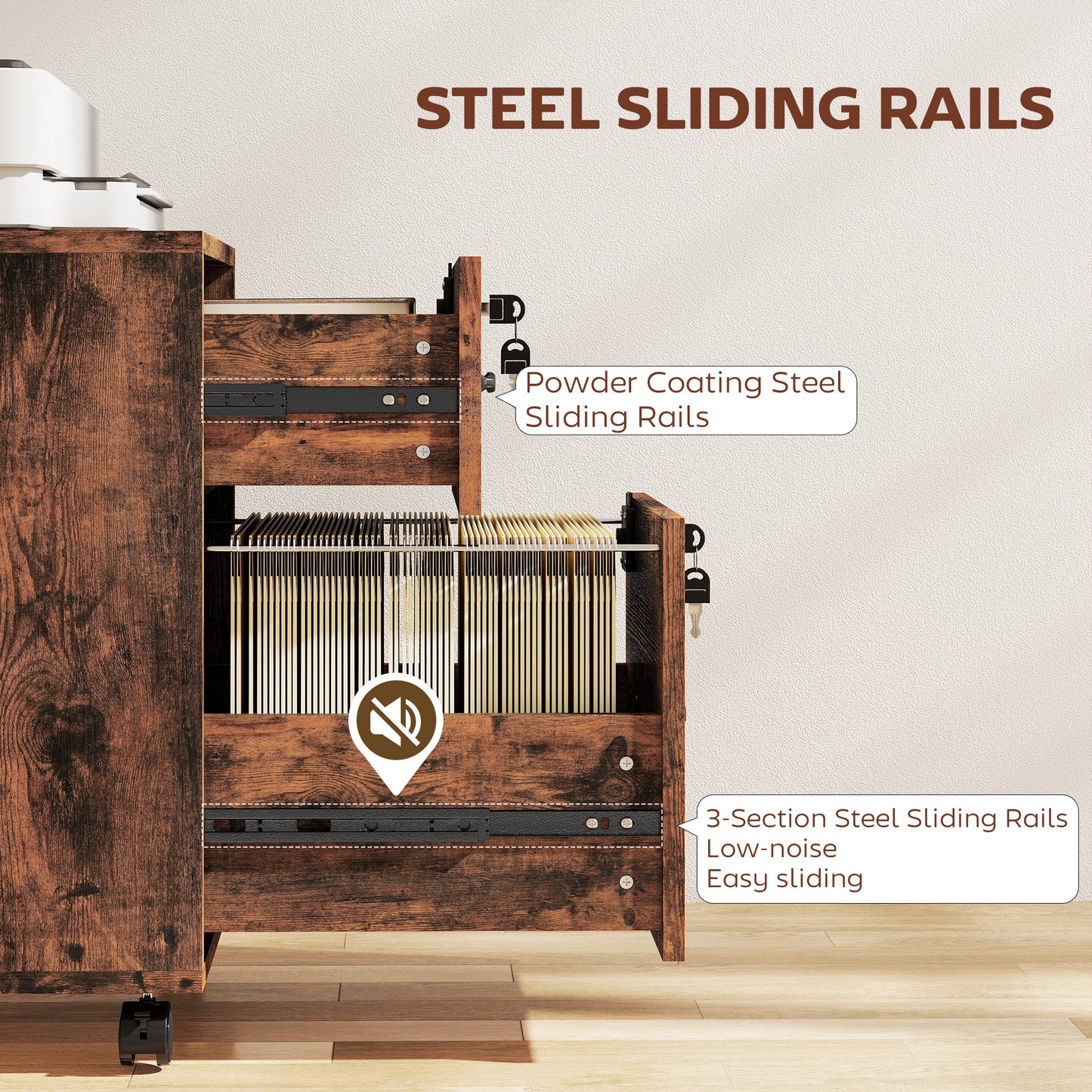 Rolling File Cabinet with 2 Drawers, Mobile Filing Cabinet with Hanging File Folder for Letter Sized Documents, Rustic Brown