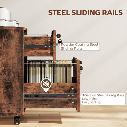 Rolling File Cabinet with 2 Drawers, Mobile Filing Cabinet with Hanging File Folder for Letter Sized Documents, Rustic Brown