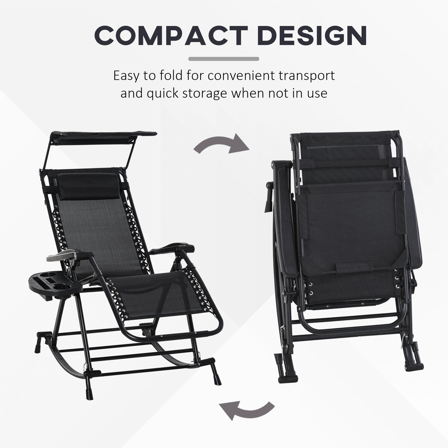 Garden Rocking Chair Folding Recliner Outdoor Adjustable Sun Lounger Rocker Zero-Gravity Seat with Headrest Side Holder Patio