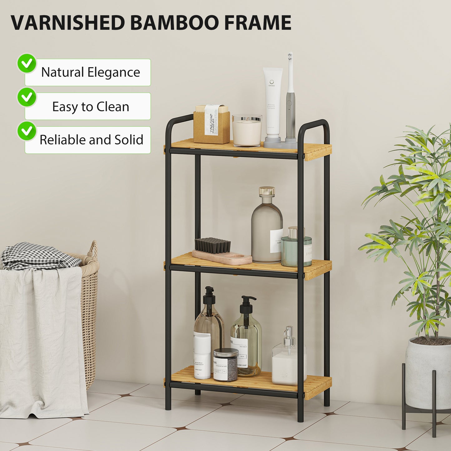 3-Tier Bamboo Bathroom Storage Shelf, Freestanding Narrow Shelving Unit with Slatted Shelves for Kitchen Bathroom Living Room