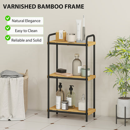3-Tier Bamboo Bathroom Storage Shelf, Freestanding Narrow Shelving Unit with Slatted Shelves for Kitchen Bathroom Living Room