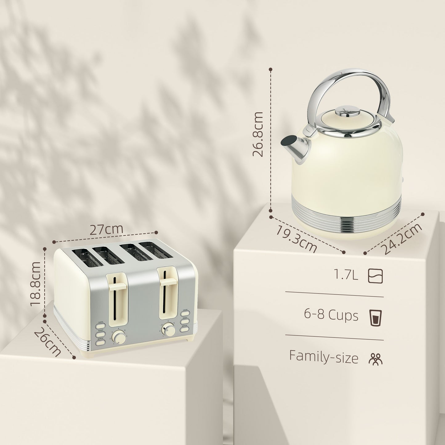 Polished Stainless Steel Kettle and Toaster Set - Cream