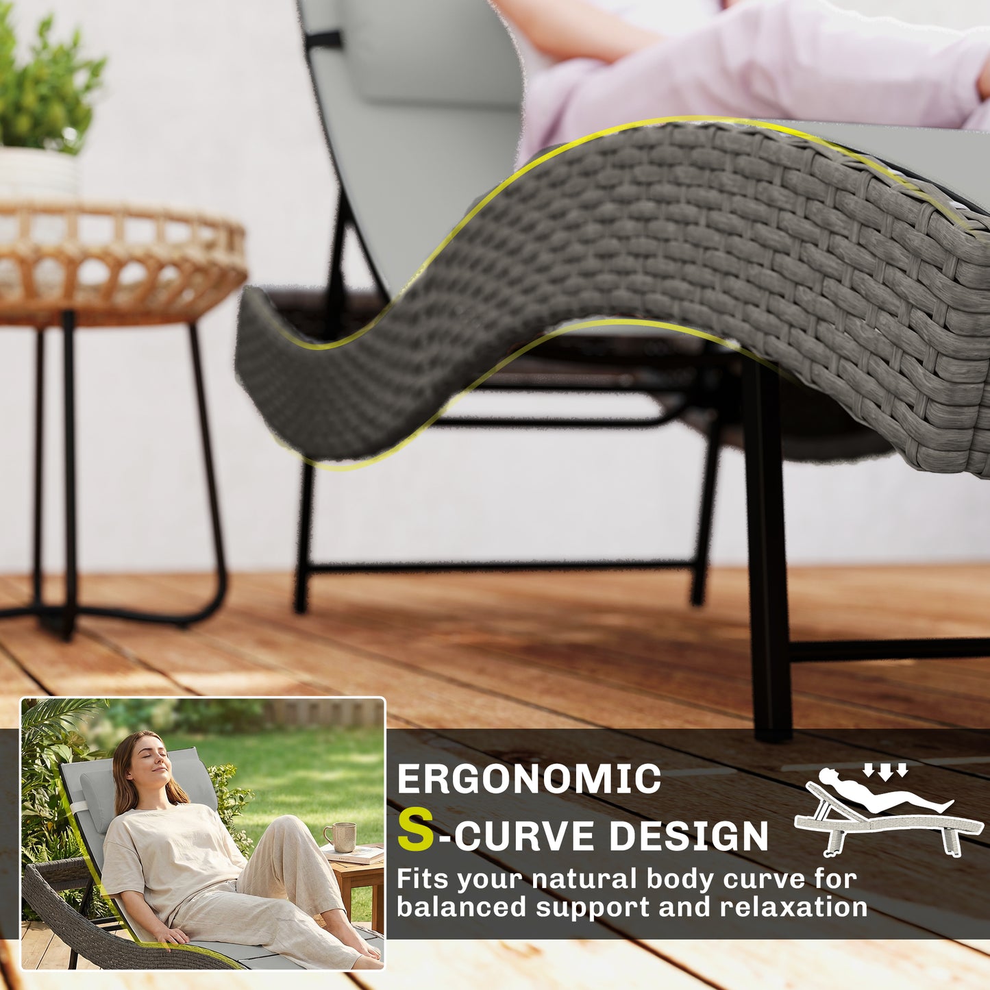 Rattan Sun Lounger, Garden Recliner with 5 Position Adjustable Back, S Shaped Texteline Seat, Headrest, Light Grey
