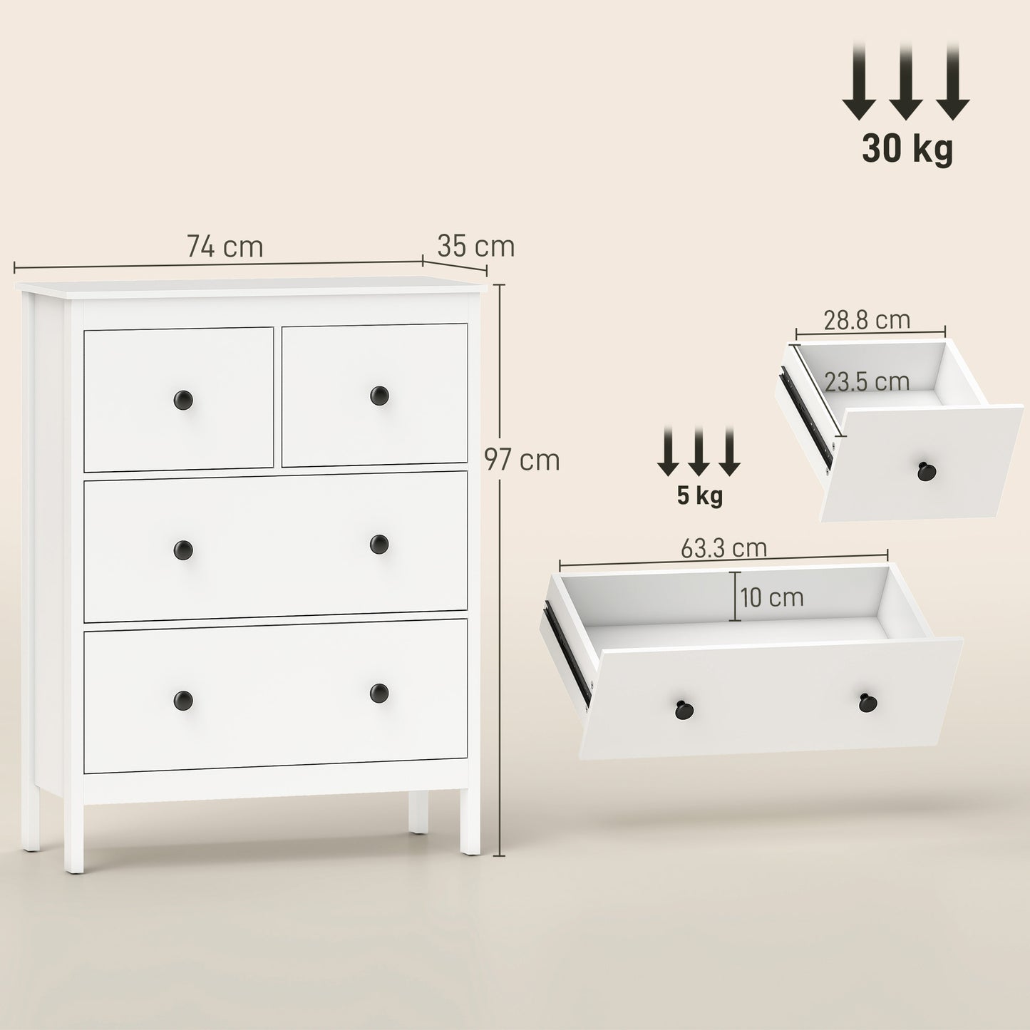 Modern Chest of Drawers, 4 Drawer Dresser Clothes Storage Organiser for Living Room, Hallway, Entryway, White