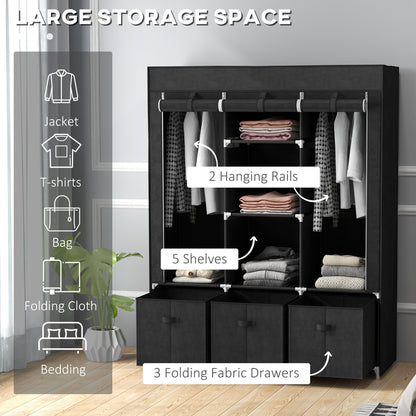 Foldable Fabric Wardrobe for Bedroom, Portable Wardrobe with 5 Shelves, 2 Hanging Rails and 3 Fabric Drawers, Black