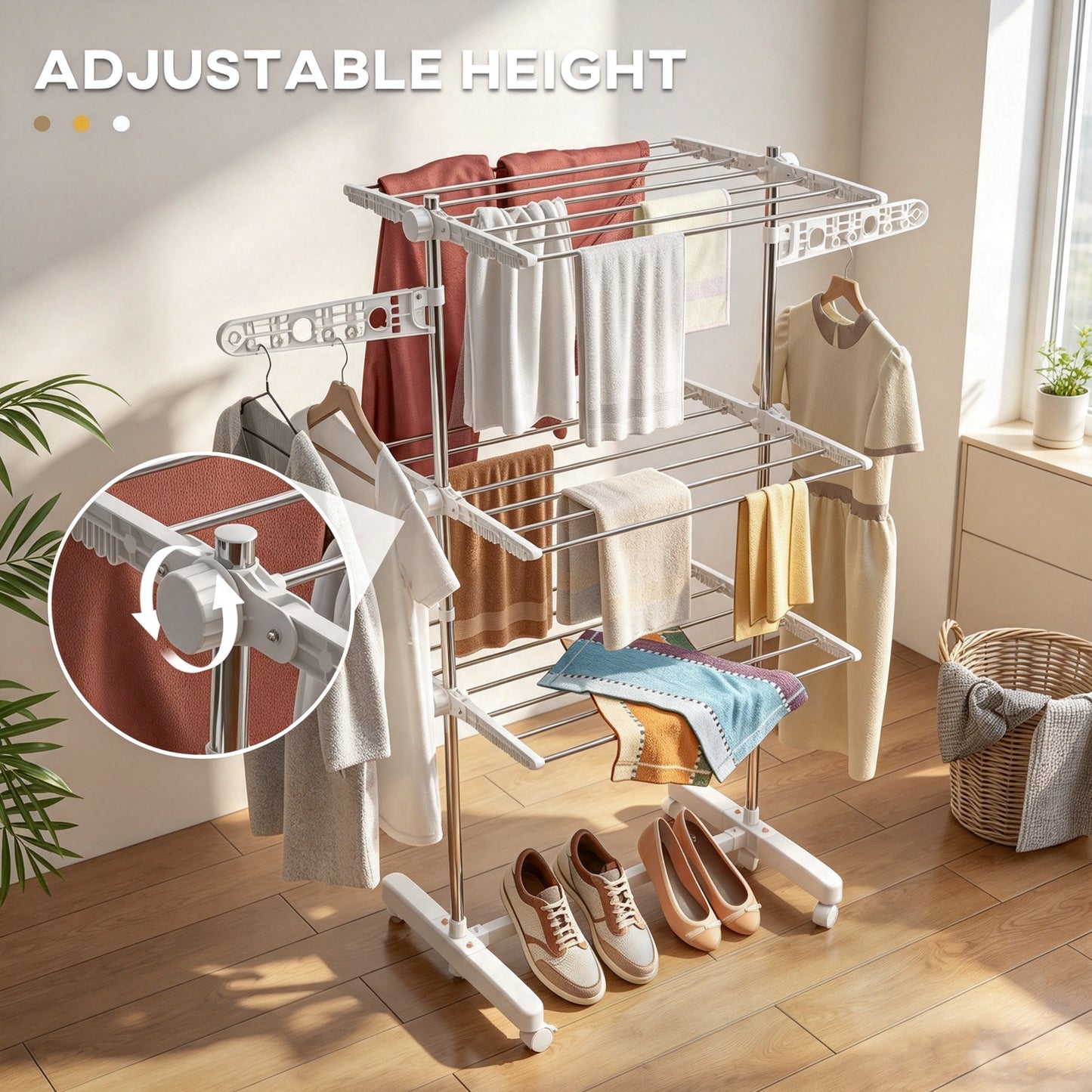 3-Tier Clothes Airer, Stainless Steel Foldable Clothes Drying Rack with Wheels and Wings, Indoor and Outdoor, Easy Assembly