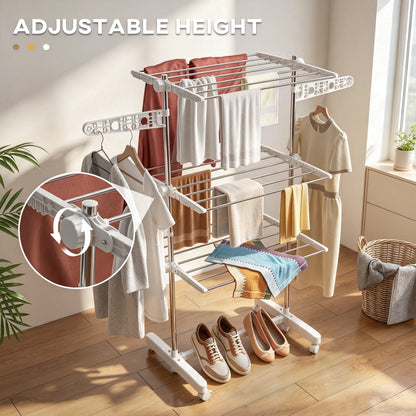 3-Tier Clothes Airer, Stainless Steel Foldable Clothes Drying Rack with Wheels and Wings, Indoor and Outdoor, Easy Assembly