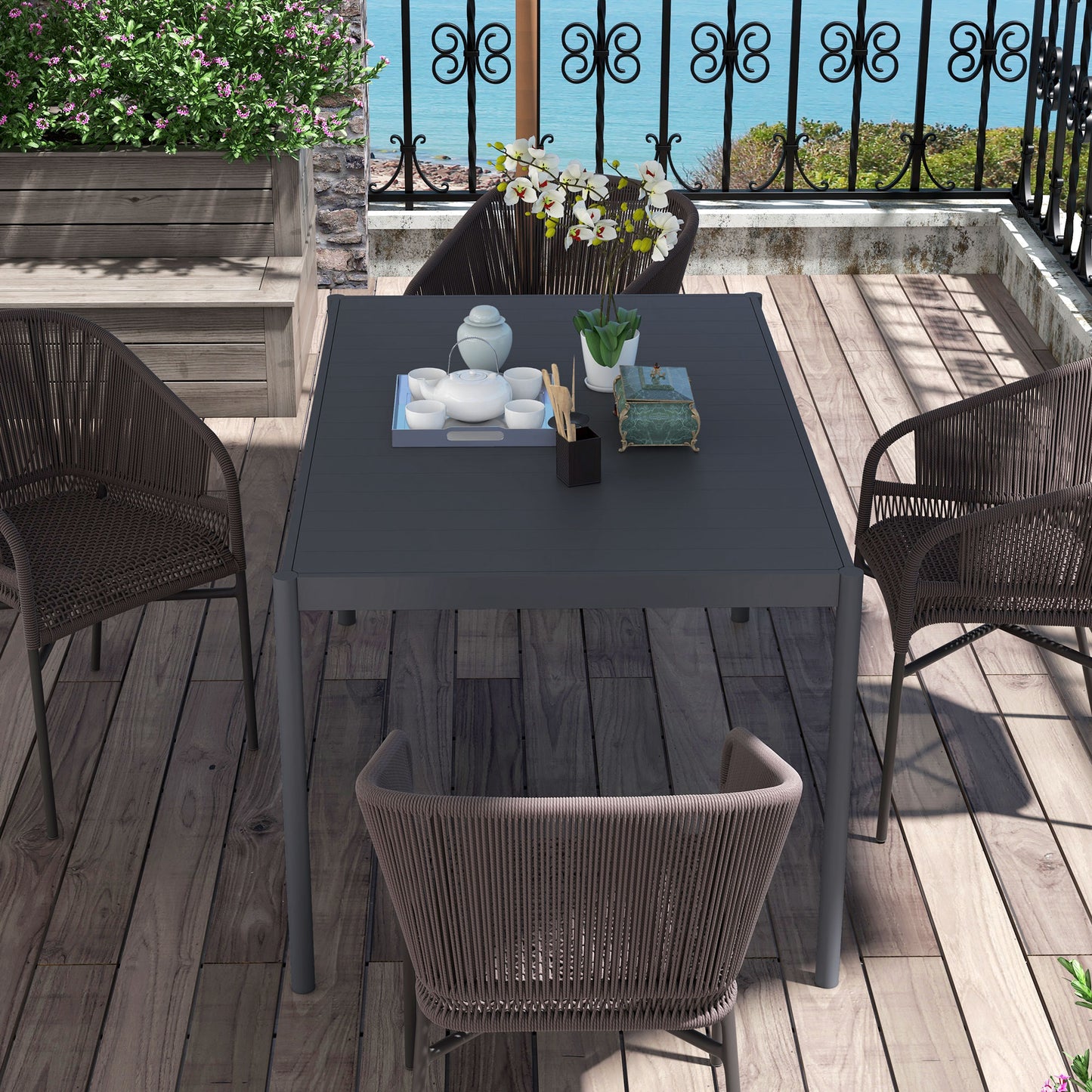 Six-Seater Outdoor Table with Slatted Aluminium Top and Steel Legs