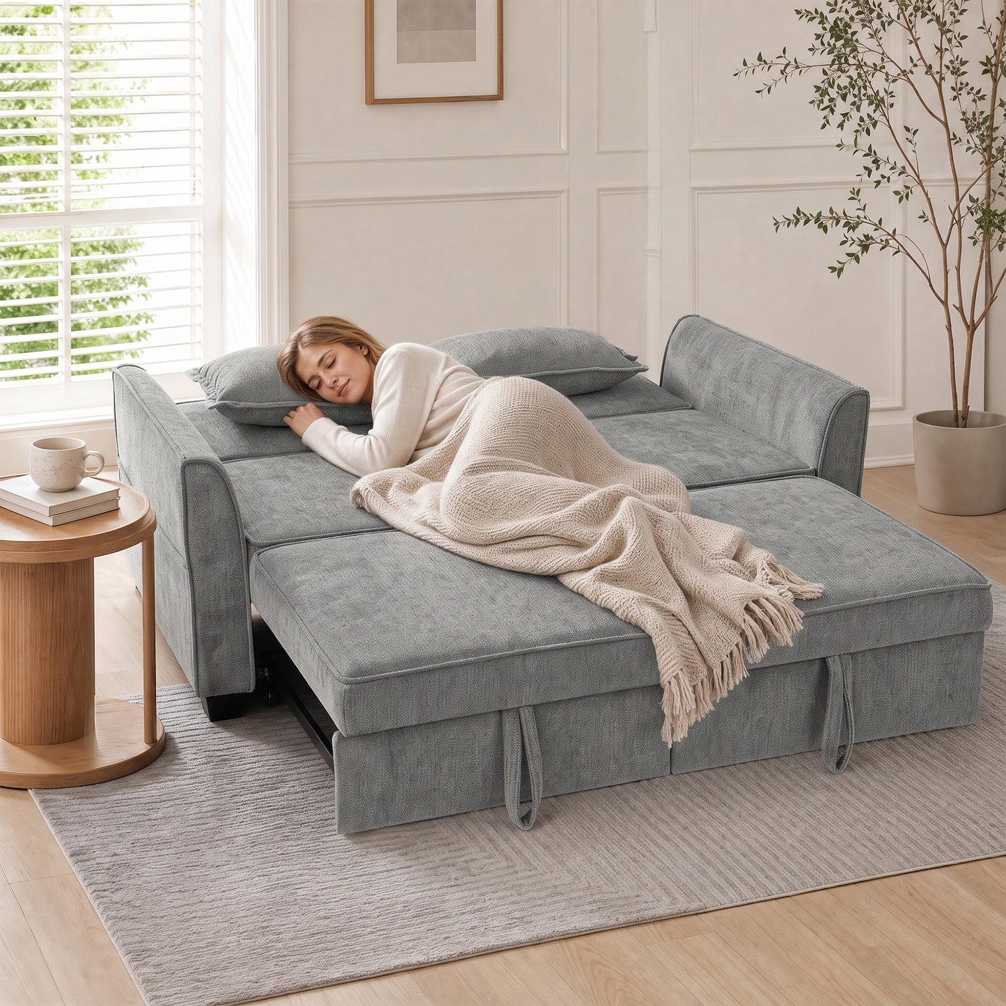 2 Seater Sofa Bed, 4-in-1 L-Shaped Convertible Pull-Out Sleeper Sofa with Adjustable Backrest and Side Pockets, Grey
