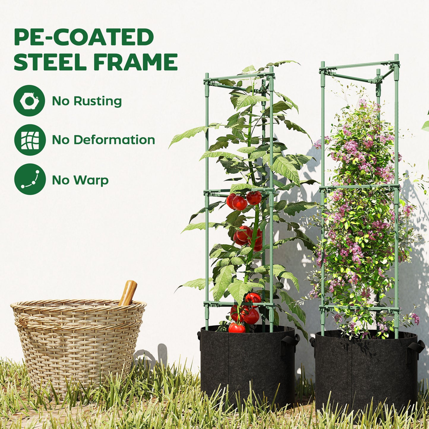 3 Packs Tomato Cages with 83.7L Grow Bags, 120cm Adjutstable Triangle Plant Stakes Support Trellis with Planter Bags
