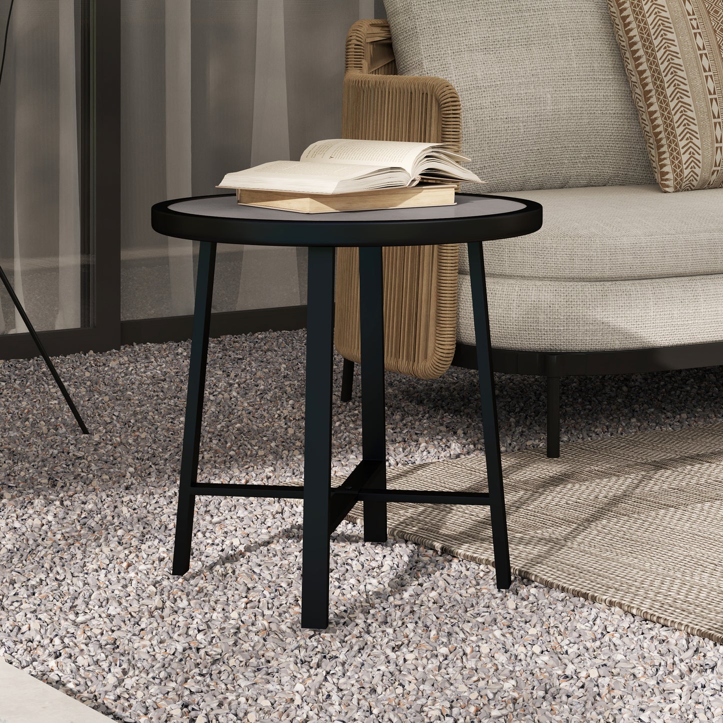 Round Small Garden Table, 50.5cm Outdoor Side Table with SPC Tabletop, Metal Frame and Anti-slip Foot Pads for Garden