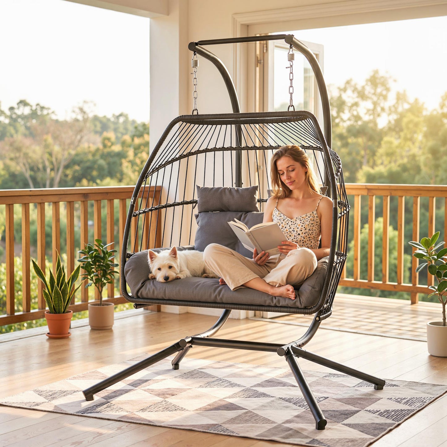 Rattan Double Hanging Egg Chair with Stand, Foldable Wicker Swing Egg Chair with Cushion, Head Pillows, Steel Frame