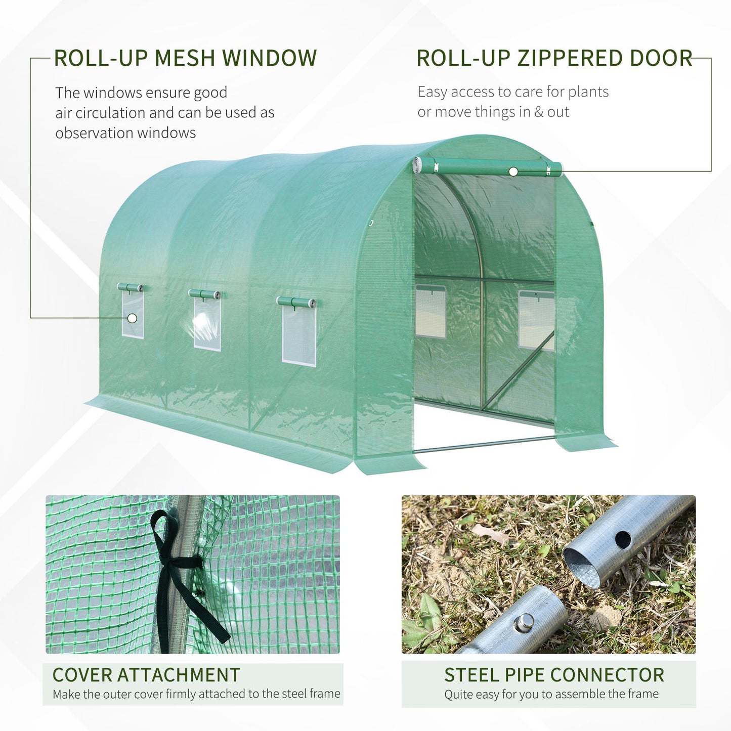 4 x 2 x 2 m Polytunnel Greenhouse with Roll-up Door and 6 Mesh Windows