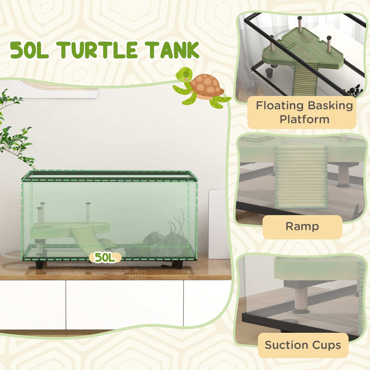 50L Glass Turtle Tank Aquarium with Basking Platform, Easy Drainage