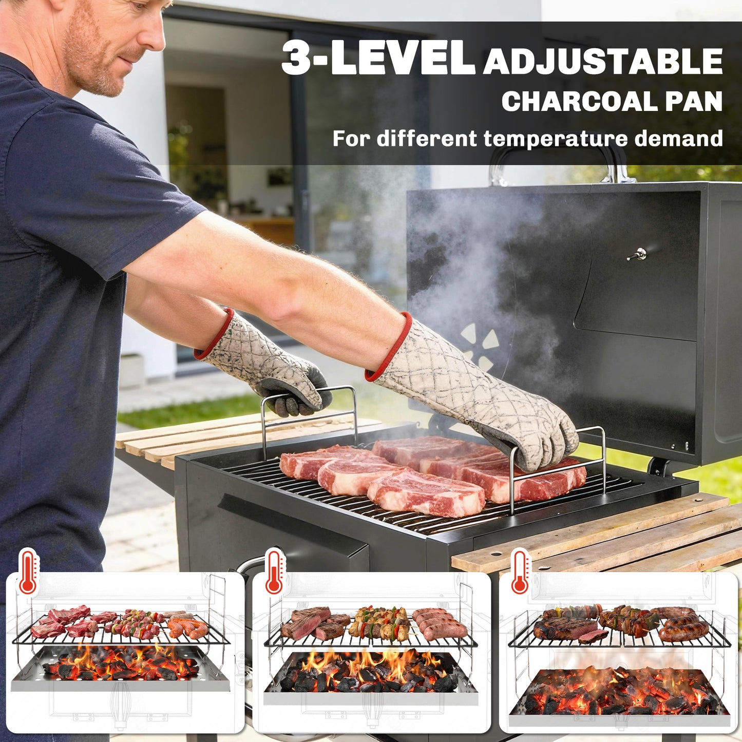 Charcoal BBQ Grill with Adjustable Charcoal Pan, Barbecue Smoker with Warming Rack, Black