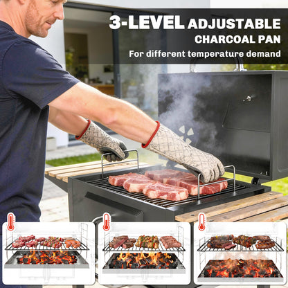 Charcoal BBQ Grill with Adjustable Charcoal Pan, Barbecue Smoker with Warming Rack, Black