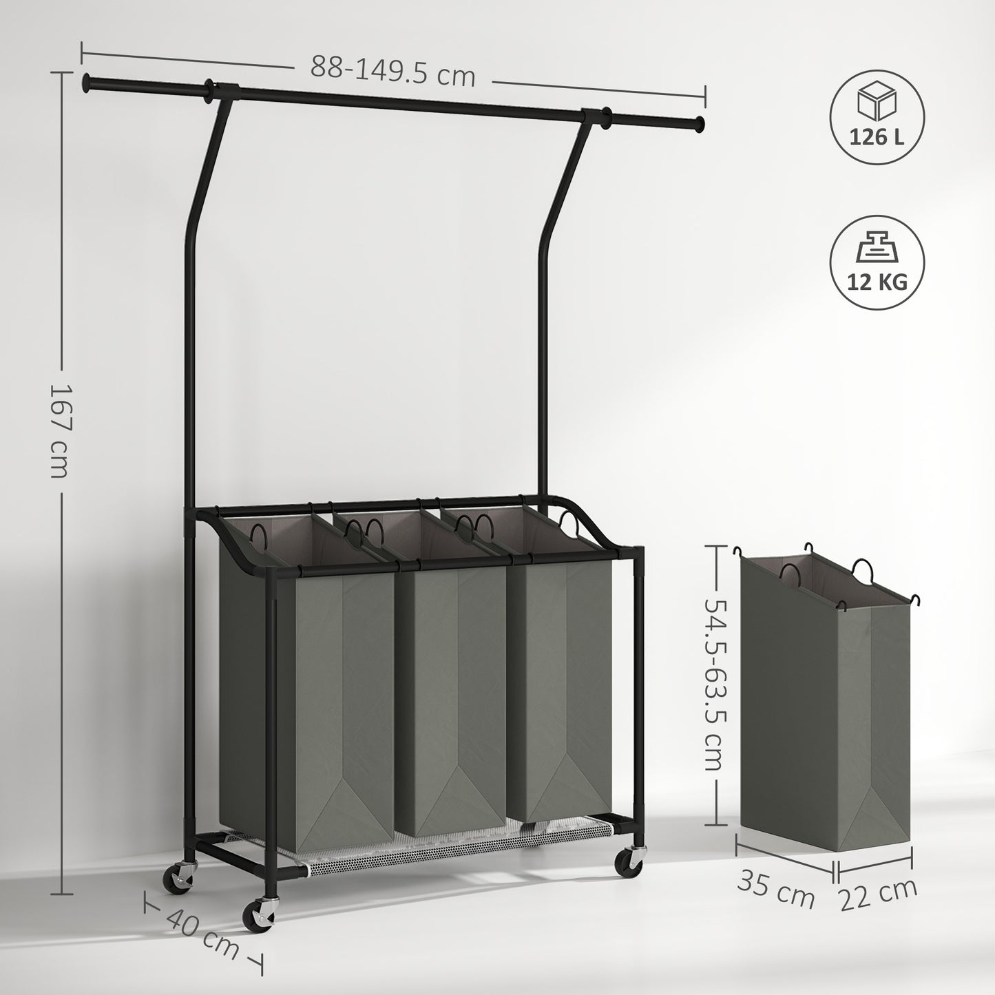 3x 42L Laundry Basket Unit, with Hanging Rail - Black/Grey