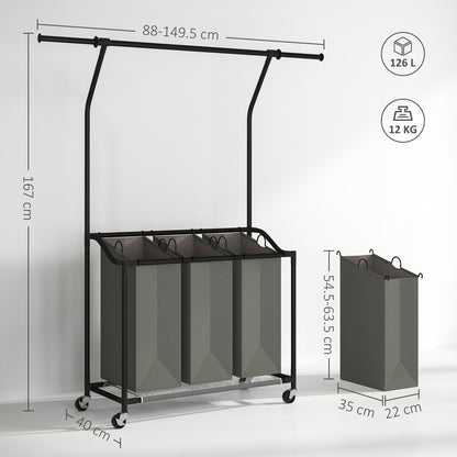 3x 42L Laundry Basket Unit, with Hanging Rail - Black/Grey