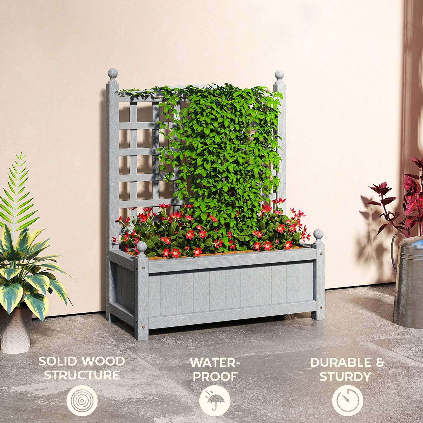 Garden Planters with Trellis for Climbing Vines, Wood Raised Beds for Garden, Flower Pot, Indoor Outdoor, Grey
