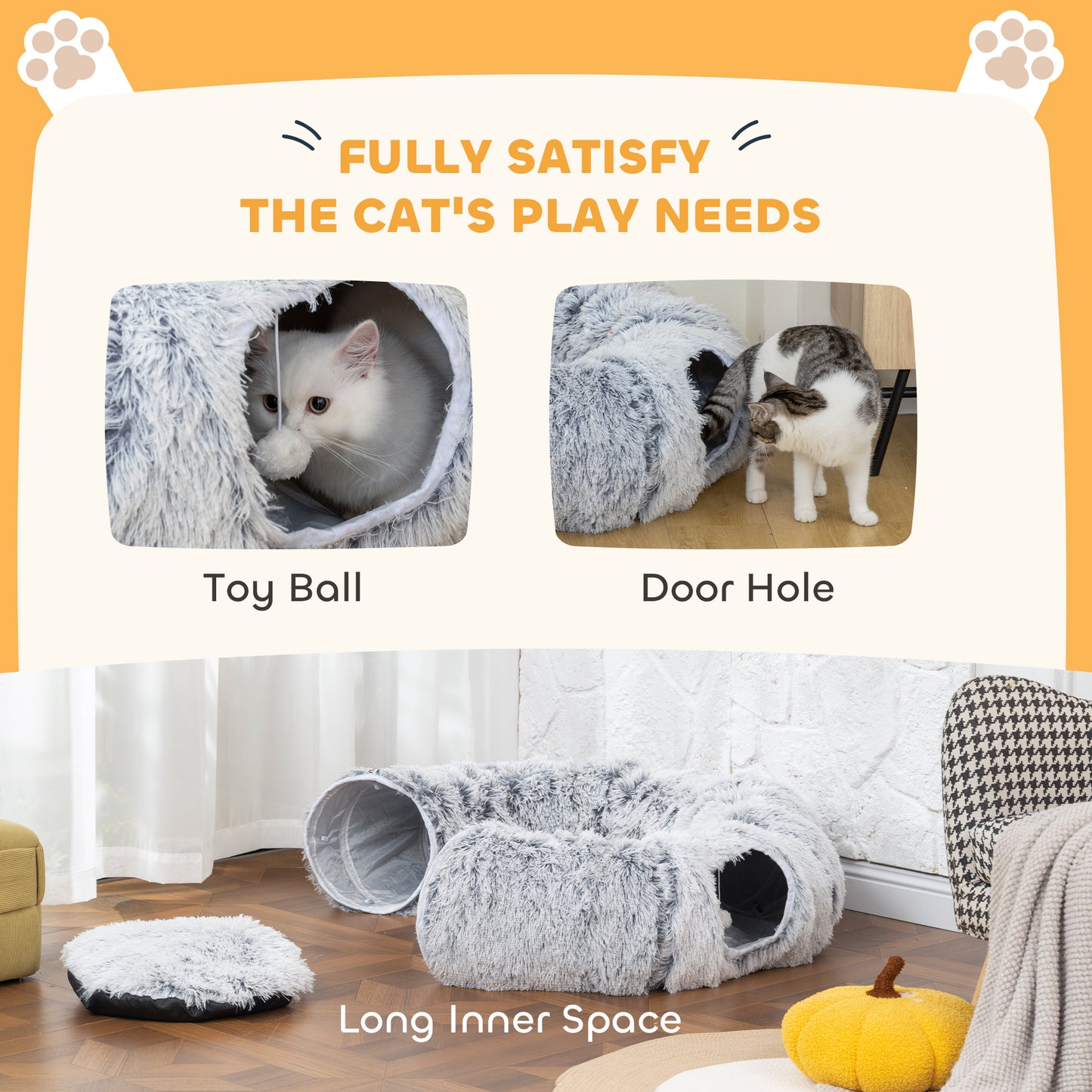 2-in-1 Donut Cat Tunnel with Washable Bed, Play Tunnel Bed with Toy Ball and Door Hole for Indoor Cats, Light Grey