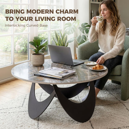 Coffee Table Sintered Stone Top Adjustable Foot Pads Modern Centre Table for Living Room Brown and Black