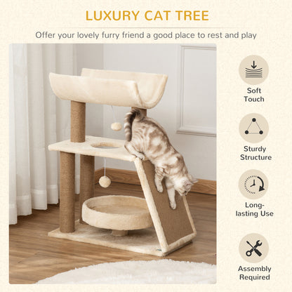 Cat Tree Tower, with Scratching Posts, Pad, Bed, Perch, Toy Ball - Light Brown