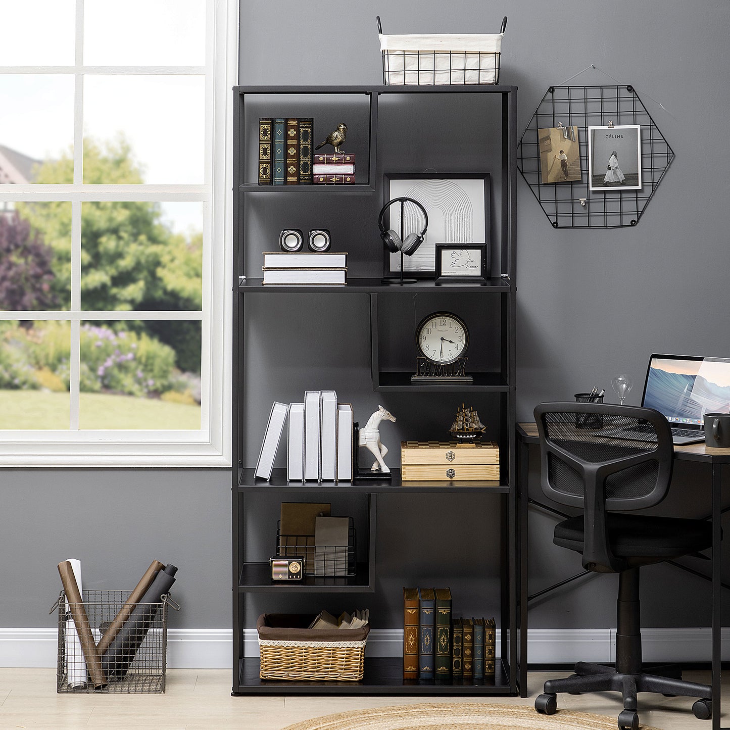 Industrial Accent Display Rack 7 Tier Bookcase, Display Rack for Living Room, Office, Bedroom, Black
