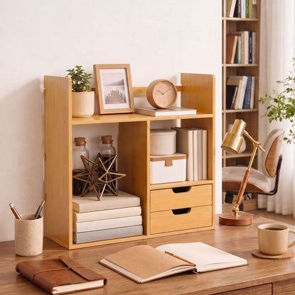 Desk Organiser Compartments Desktop Bookshelf Stationery Storage Shelf Document File Holder with 2 Drawers 2-way Reversed Use