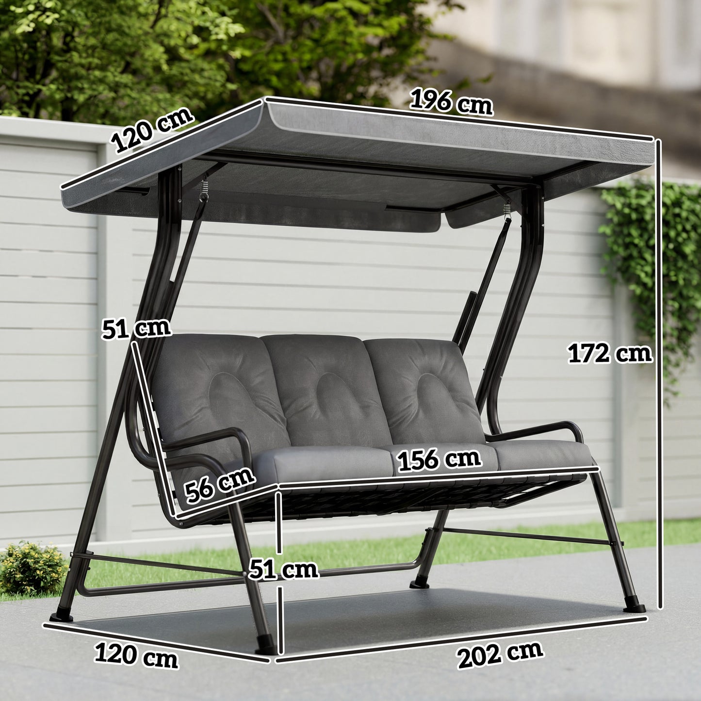 3-Seater Garden Swing Seat, Outdoor Swing Chair with Adjustable Waterproof Canopy, Light Grey