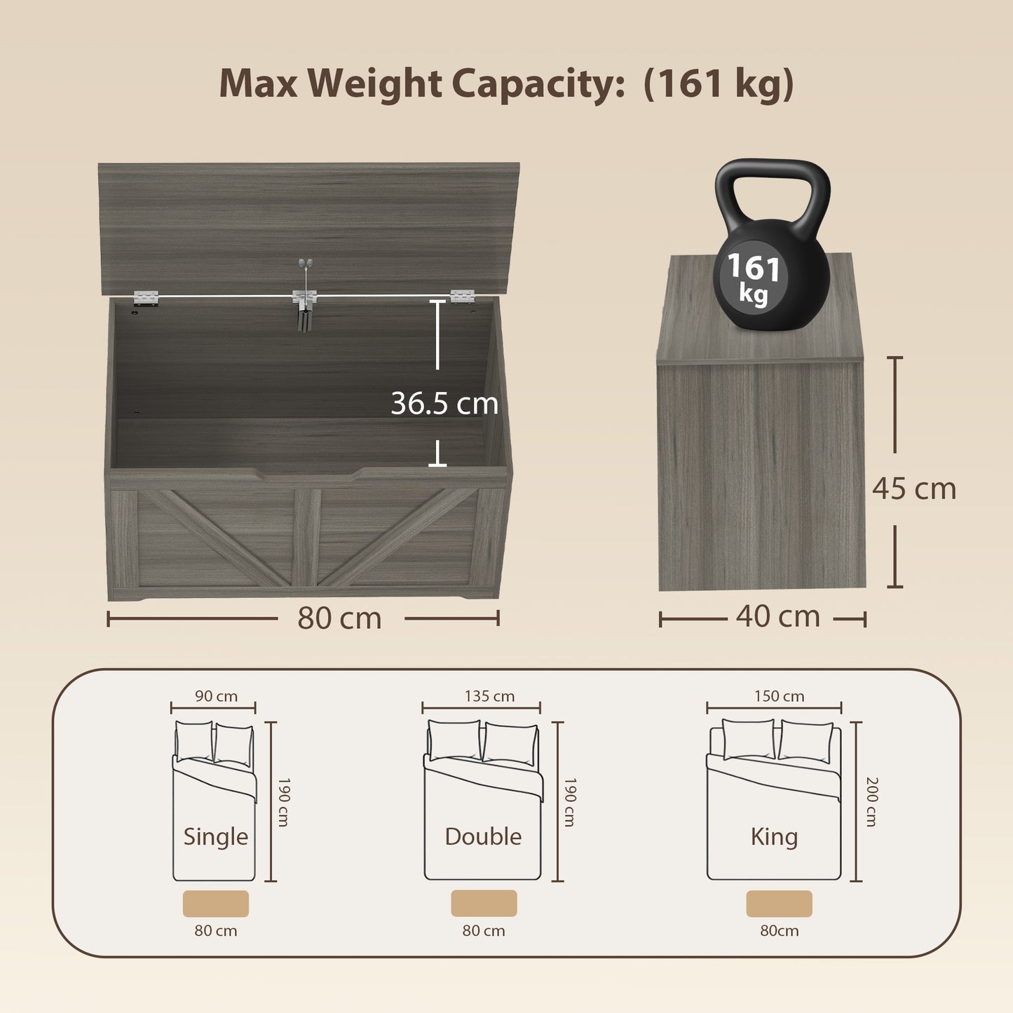 100L Home Storage Box, with Safety Hinge - Dark Grey Wood-Effect