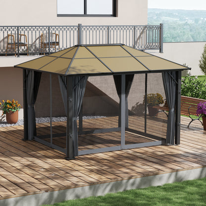3 x 3.6m Garden Aluminium Gazebo Hardtop Roof Canopy Marquee Party Tent Patio with Mesh Curtains & Side Walls - Grey