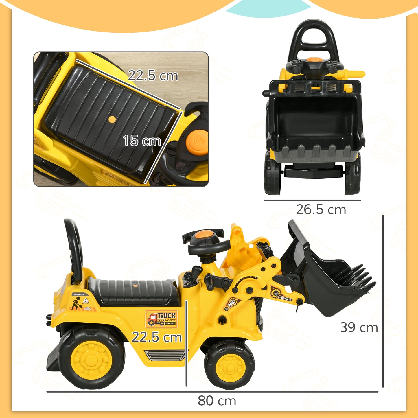 Ride On Tractor, 3 in 1 Ride On Excavator Toy, Toddler Digger Bulldozer with Storage, Pretend Play Construction Truck