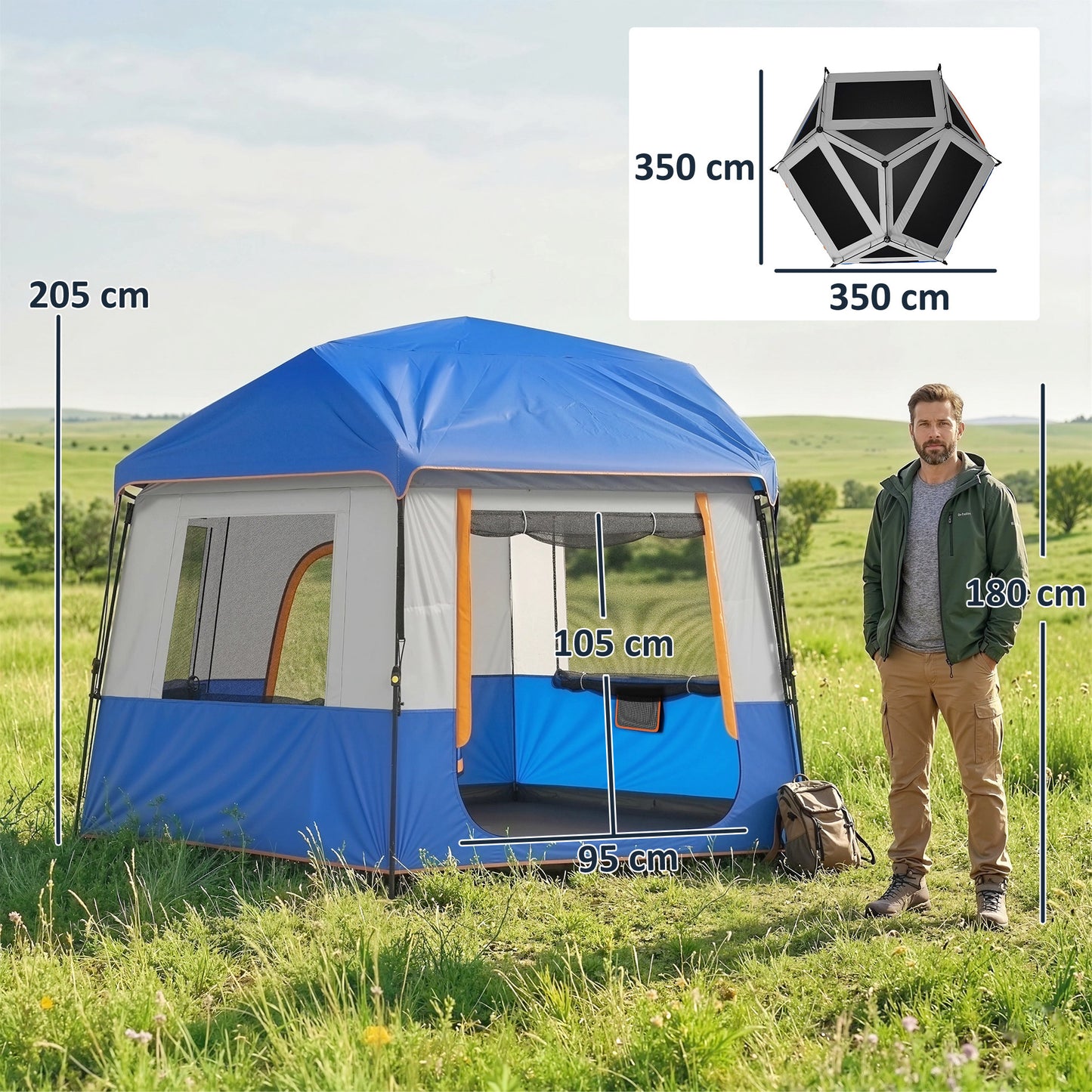 Cabin Tent Easy Setup 3000mm Waterproof Camping Tent 4 Person with Carrying Bag Blue