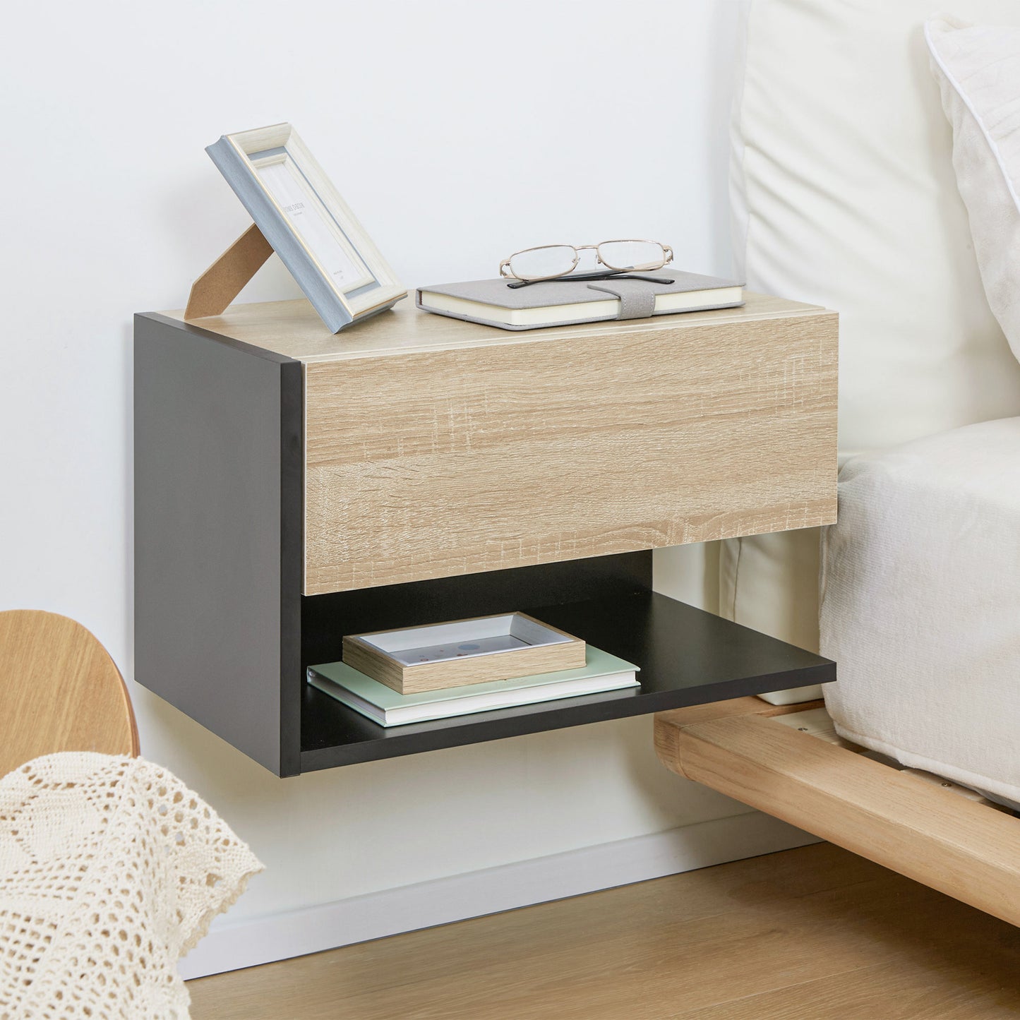Floating Bedside Table Set of 2, Wall Mounted Bedside Cabinet with Drawer and Open Shelf, Modern Nightstand for Bedroom