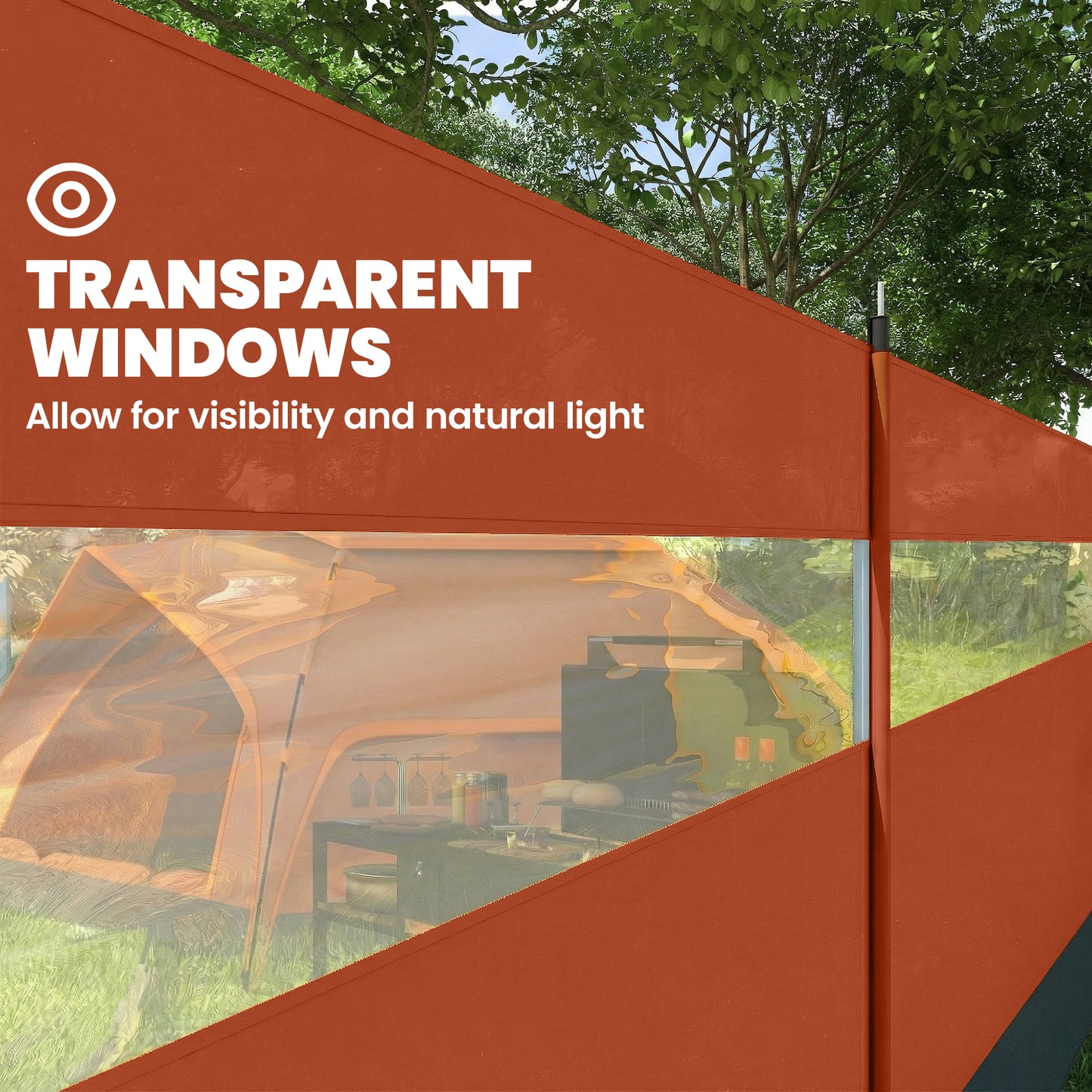 Camping Windbreaker with Clear Windows, Carry Bag and Steel Poles, for Beach Caravan Campervan, 725 x 140cm, Orange