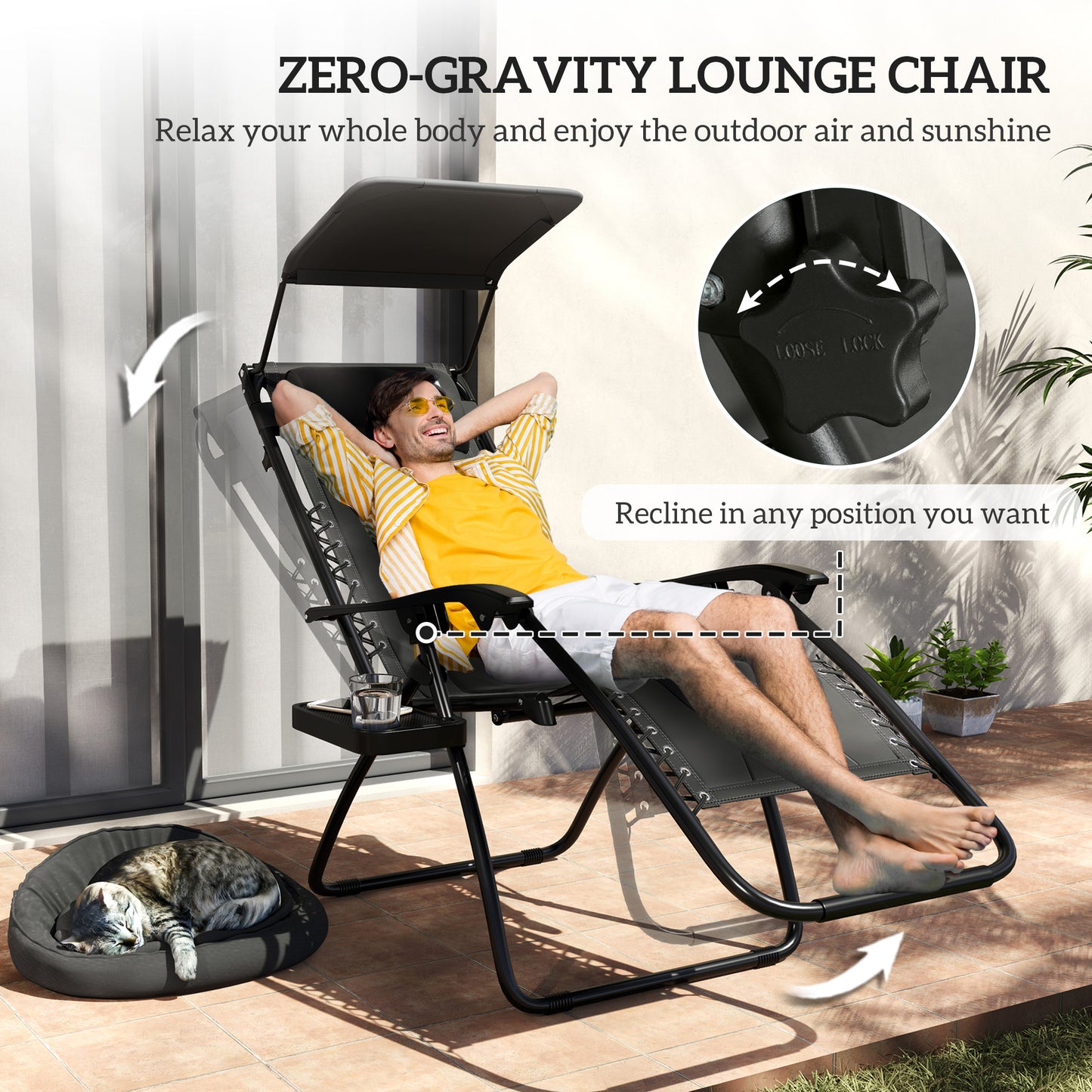 Zero Gravity Lounger Chair Set of 2, Folding Reclining Patio Chair with Shade Cover, Padded Seat, Cup Holder