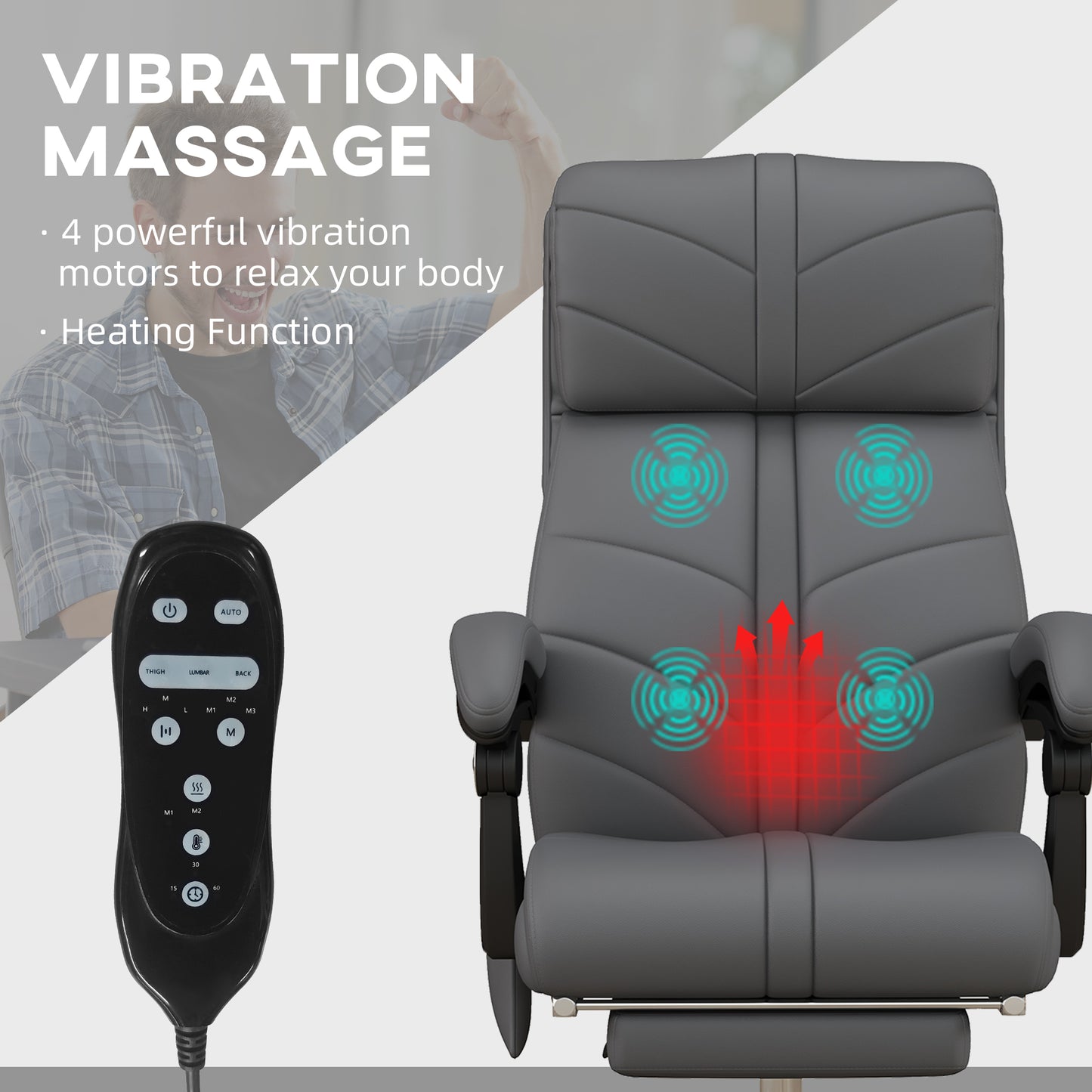 High Back Vibration Massage Office Chair, Heated Reclining PU Leather Computer Chair with Footrest, Grey