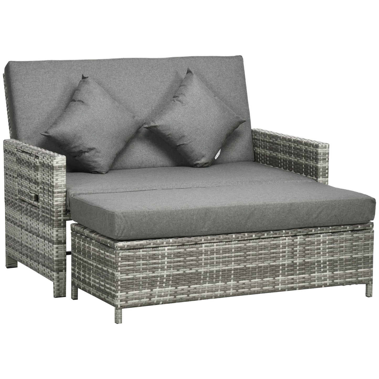 Rattan Garden Daybed, Assembled Double Sun Lounger with 5-Level Adjustable Back, Storage Ottoman, Cushions