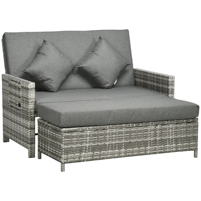 Rattan Garden Daybed, Assembled Double Sun Lounger with 5-Level Adjustable Back, Storage Ottoman, Cushions